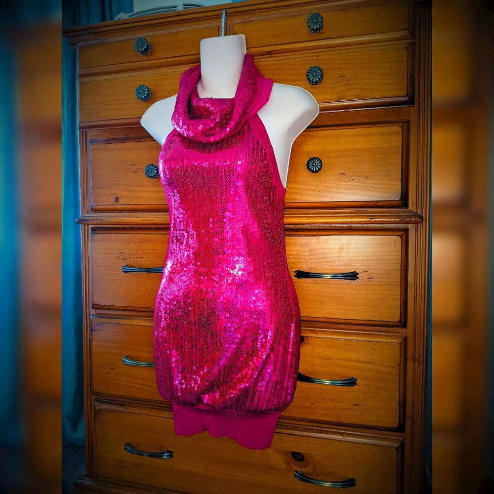 Hot Pink High Cowl Neck Sequin Knit Dress by Bebe- Size XS